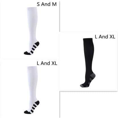 Athletic compression socks with three-bar design in black, pink, and white