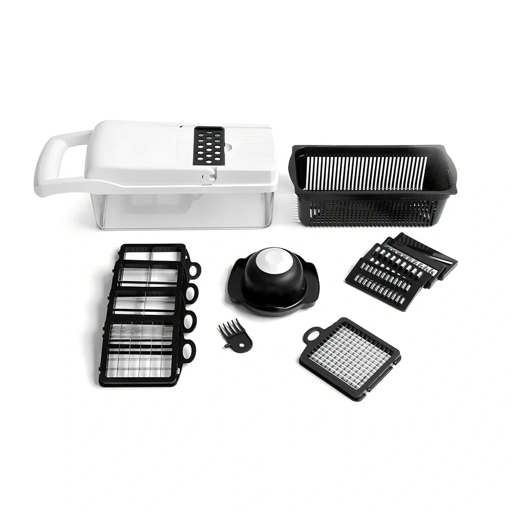 Multipurpose vegetable cutter with seven blades, drain basket and accessories on kitchen counter