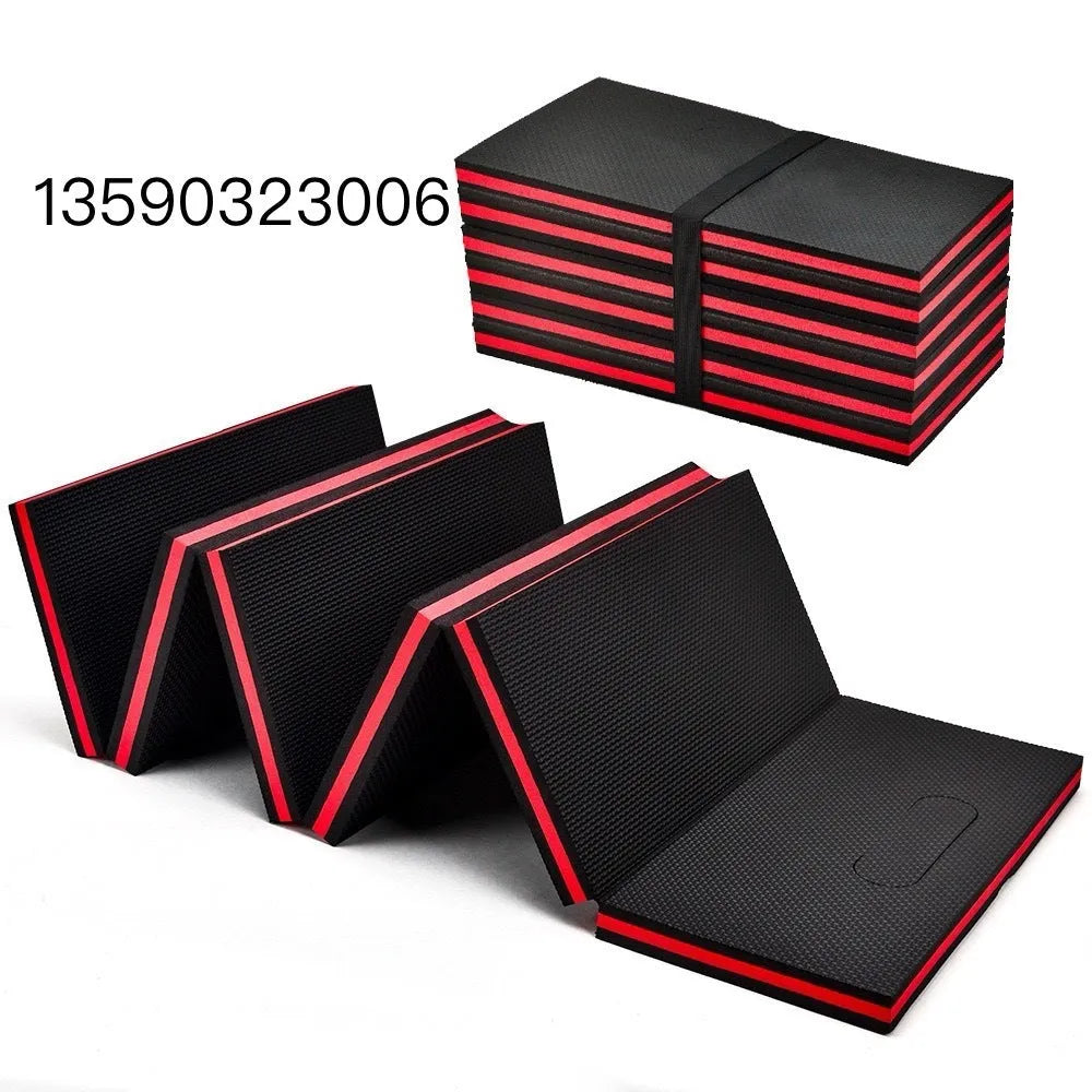 Large grey folding kneeling mat for car repair and gardening, shown unfolded and folded, dimensions 116cm by 40cm.