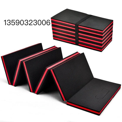 Large grey folding kneeling mat for car repair and gardening, shown unfolded and folded, dimensions 116cm by 40cm.