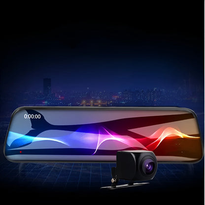 10-inch car dash cam with front and rear cameras on full touchscreen display