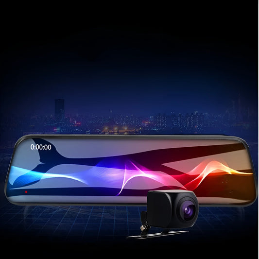 10-inch car dash cam with front and rear cameras on full touchscreen display