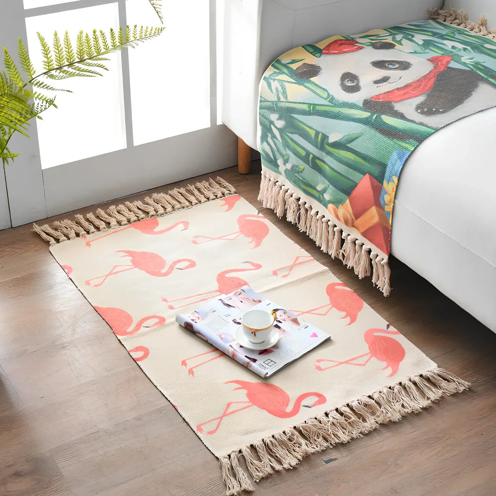 Hand-woven Scandinavian style linen cotton rug with woven tassels in plant-dyed colours measuring 60x90cm
