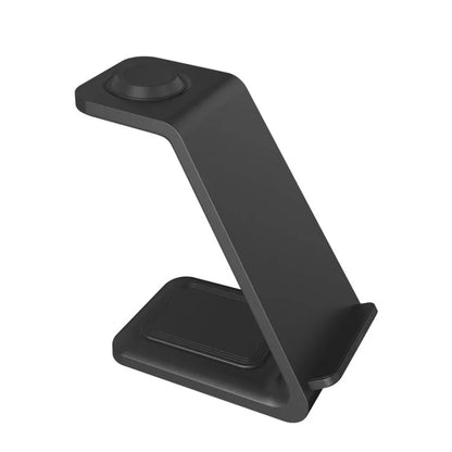 White 3-in-1 wireless charger with upright phone holder charging smartphone, earbuds, and smartwatch simultaneously