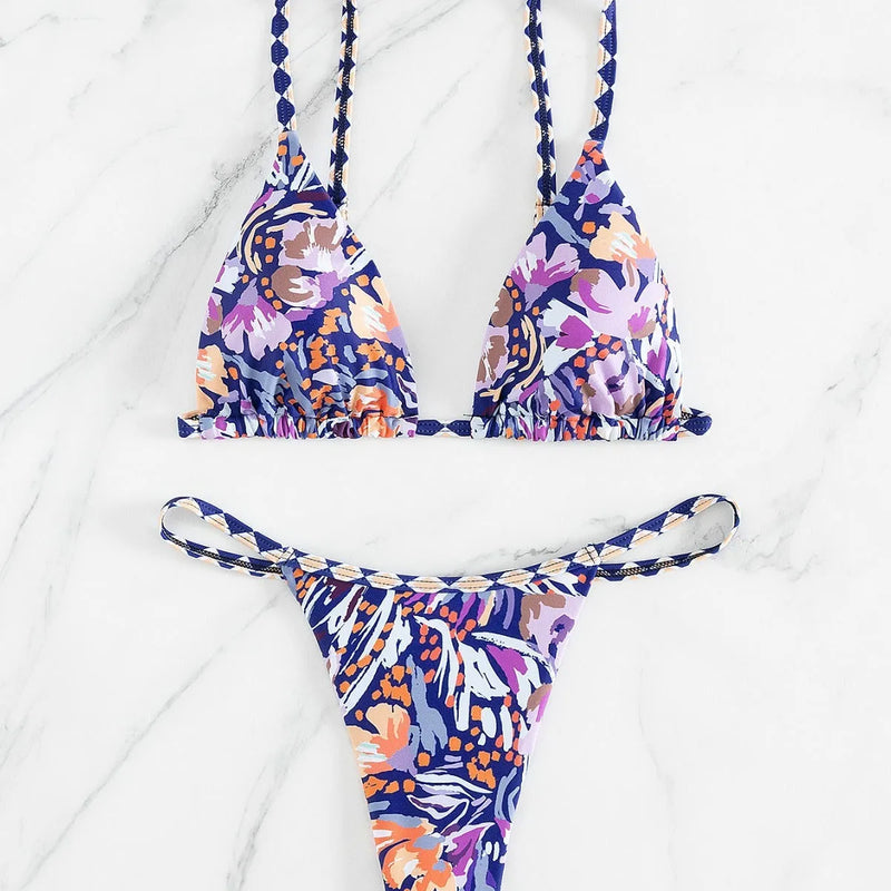Women's Split Printed Triangle Bag Swimsuit in Polyester with Floral Pattern - Adult Female Swimsuit Briefs in Sizes S M L featuring Polyester Lining and Suitable for Adult Women - Please Check Size Chart for Asian Sizing