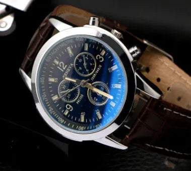 Men's quartz watch with blu-ray colourful glass, three-eye dial, black or brown belt, black or white dial.