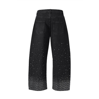 A pair of loose-fitting wide-leg casual trousers in blue on a mannequin.