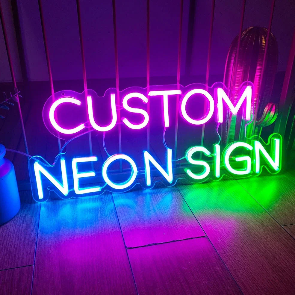 Custom neon letter sign with Alec shell material in 50cm to 90cm sizes showing 12V power system