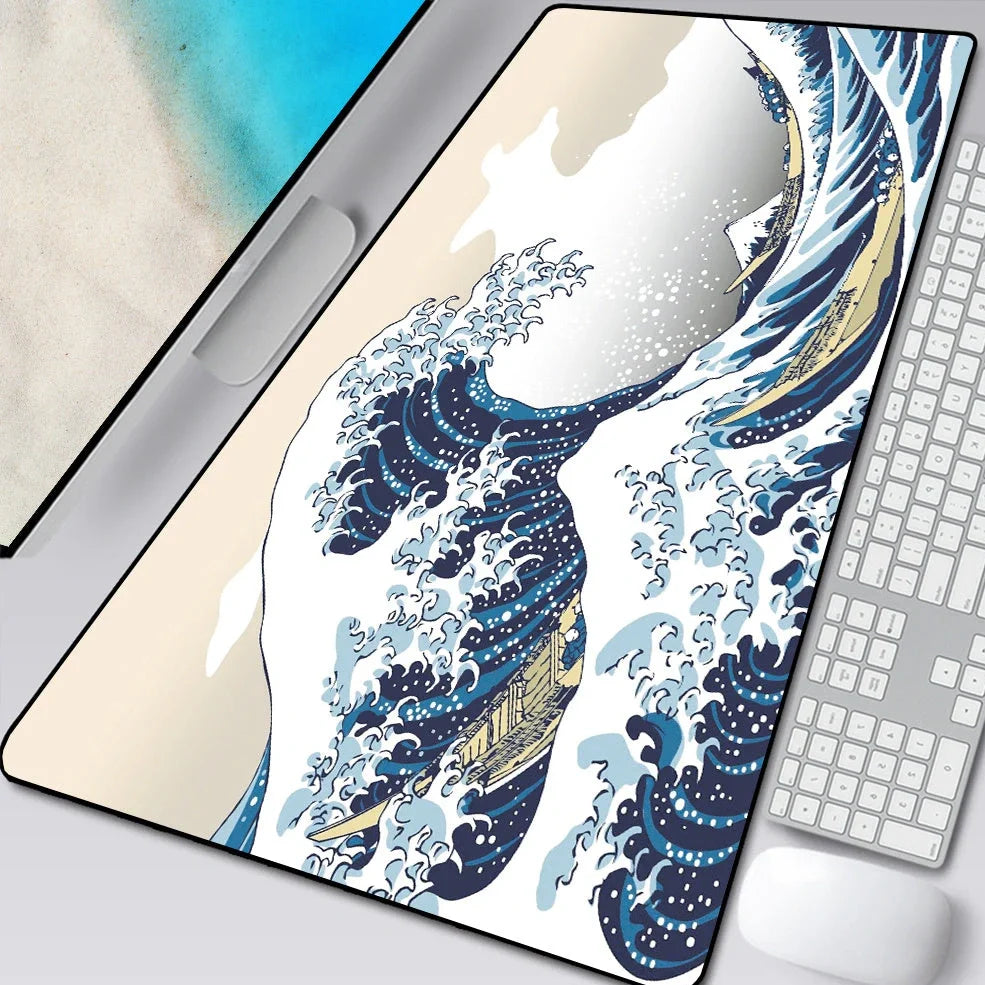 Natural rubber computer mouse pad with printed cloth surface and overlock stitching in multiple size options