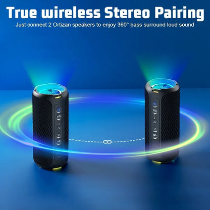 Black and blue fabric Bluetooth speaker with lighting effects, measuring 20cm width with waterproof construction