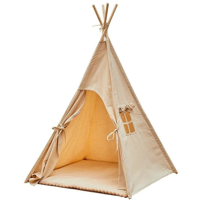 Beige indoor children's tent with cloth and wood construction, side door and hat style options for home play