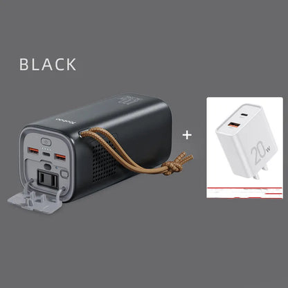 Black battery emergency power bank with solar panel, 70mm by 70mm by 162mm, showing 200W output and charging ports