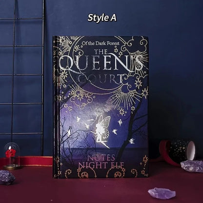 A5 hardcover notebook with luminous fluorescent cover, open to show full-colour illustrated pages, size 12.8 x 18 cm