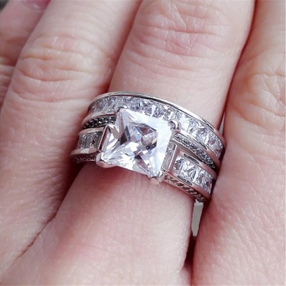 Silver princess cut CZ couple rings for anniversaries and weddings, sizes 5-12