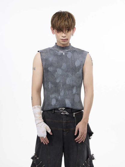 Men's black silver pastebrushing sleeveless wool blend vest with a turtleneck stand collar