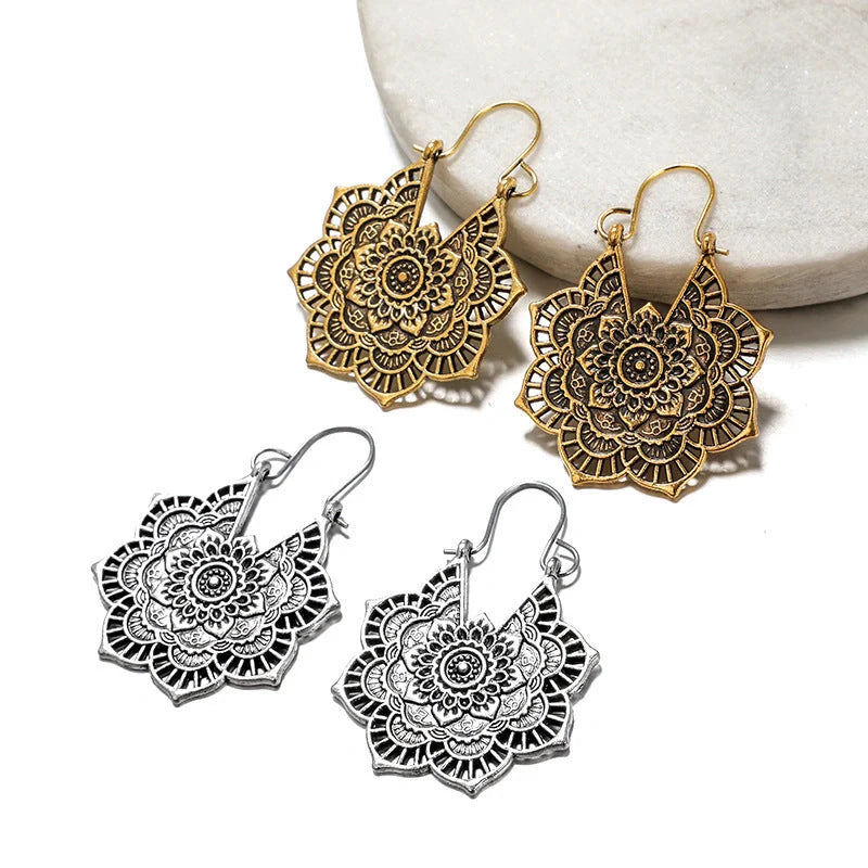 Vintage floral openwork metal earrings showcasing ethnic style and elegance