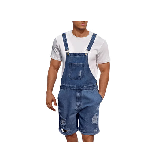 Men's dark blue denim suspender shorts with a straight leg and mid-waist fit on a hanger.