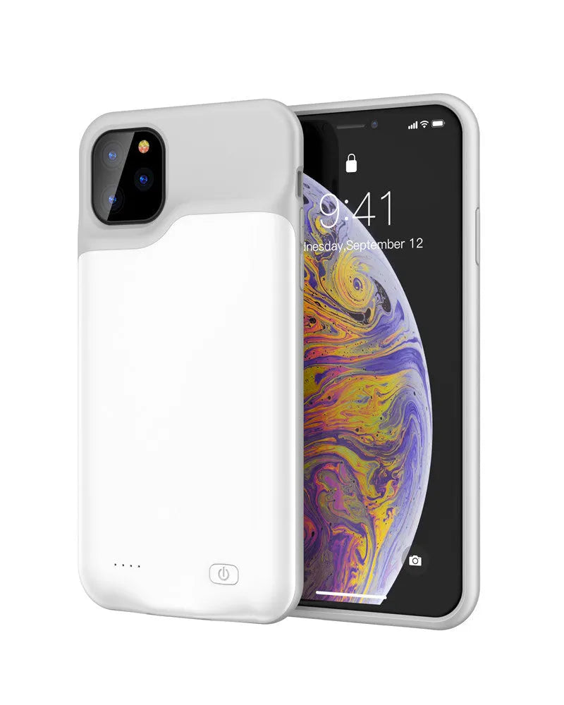 Shockproof silicone iPhone battery charger case in black, blue, pink, or white with high-capacity battery