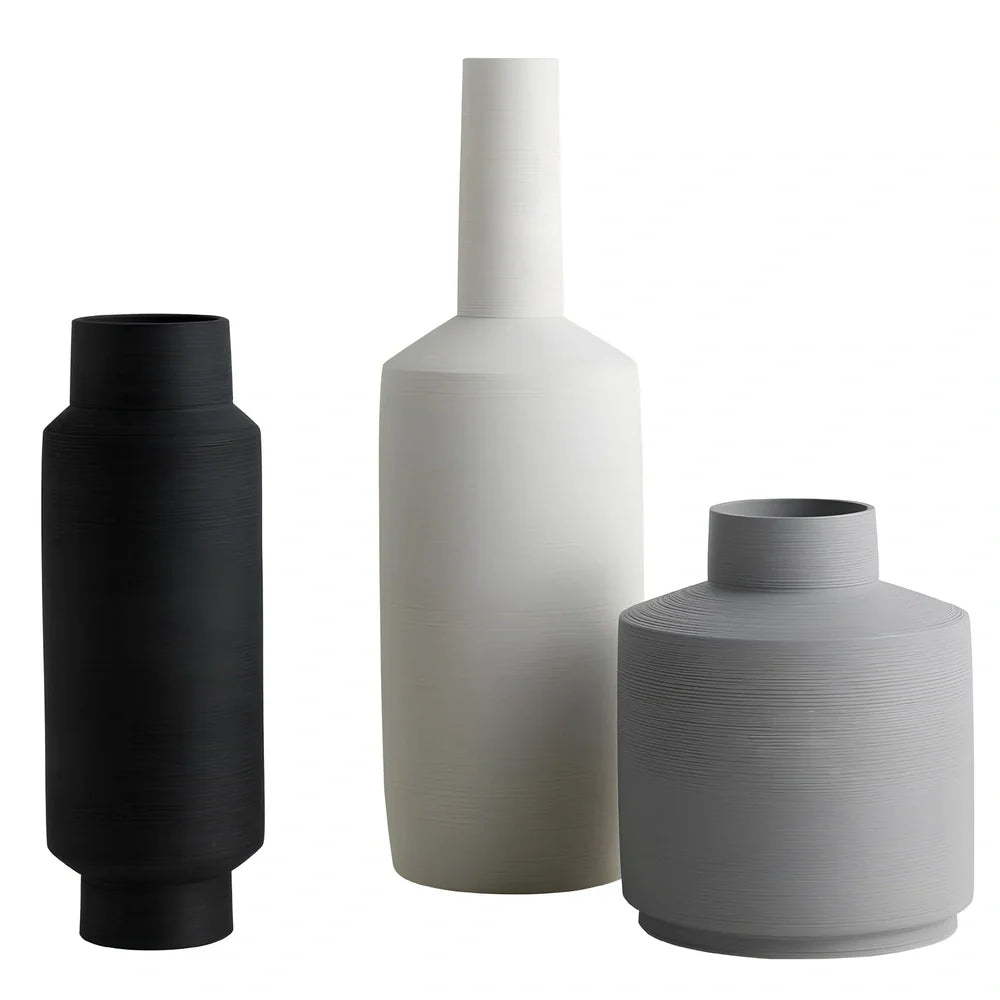 Nordic style ceramic vase with wire drawing textured surface in neutral colour with unburnt matte finish