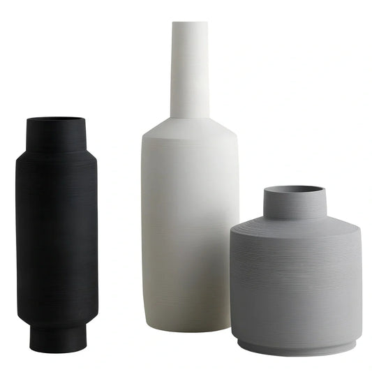 Nordic style ceramic vase with wire drawing textured surface in neutral colour with unburnt matte finish