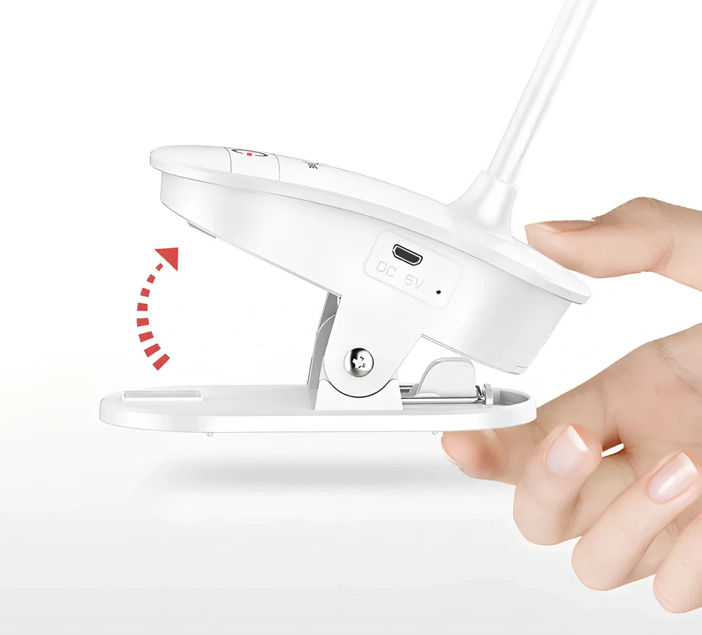 Porcelain white LED clip desk lamp with USB charging, 15cm tall for reading and eye protection