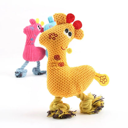 Blue deer-shaped plush dog toy with corn grain texture showing sound module inside