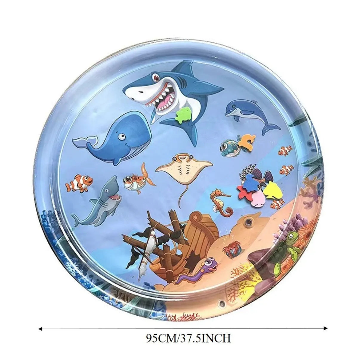 Thickened PVC water sensory playmat for pets with ocean fish design and floating toys.