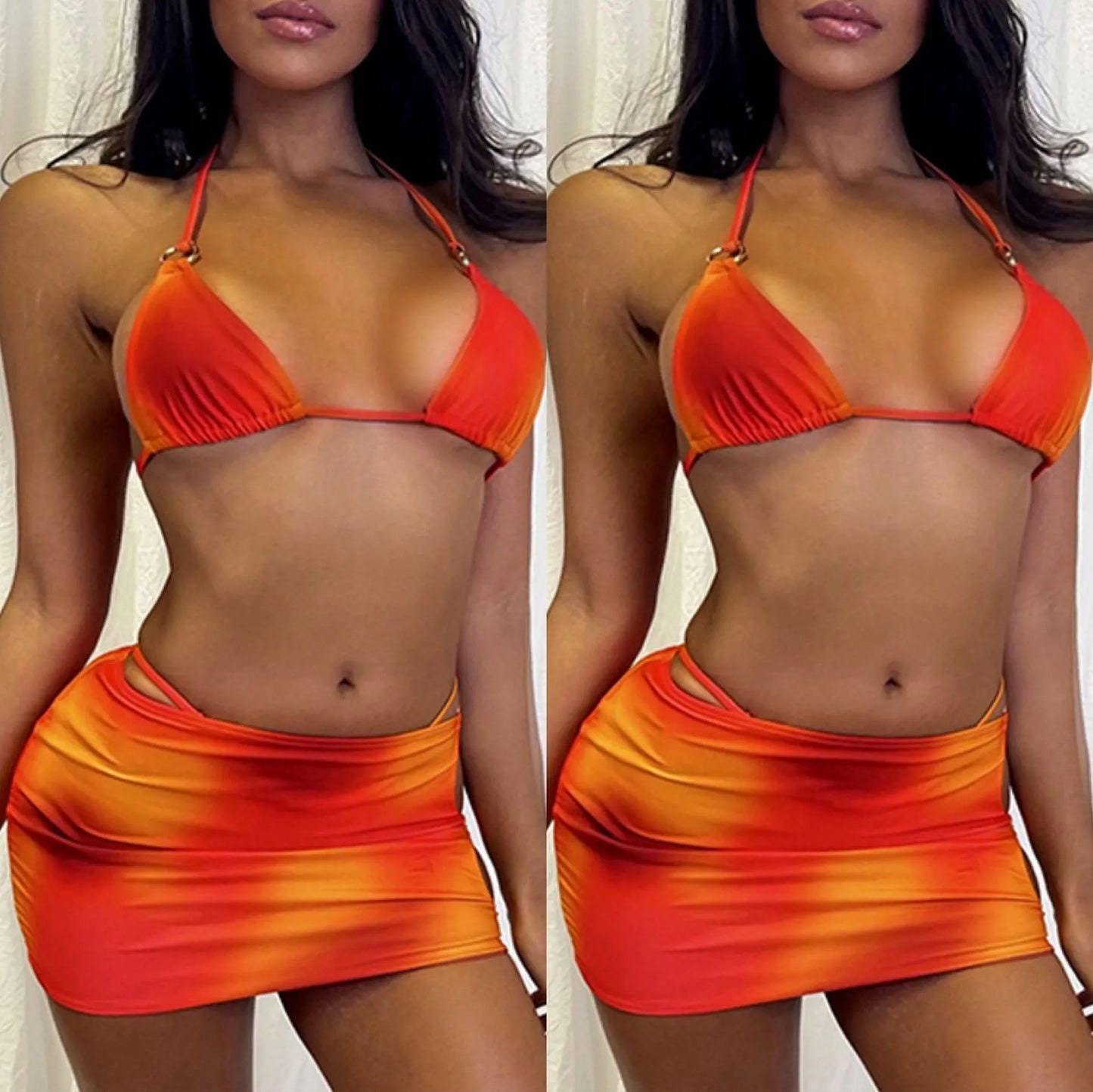 Tie-dye three-piece halter bikini swimwear set with gradient colour pattern, showing top, pants, and skirt components