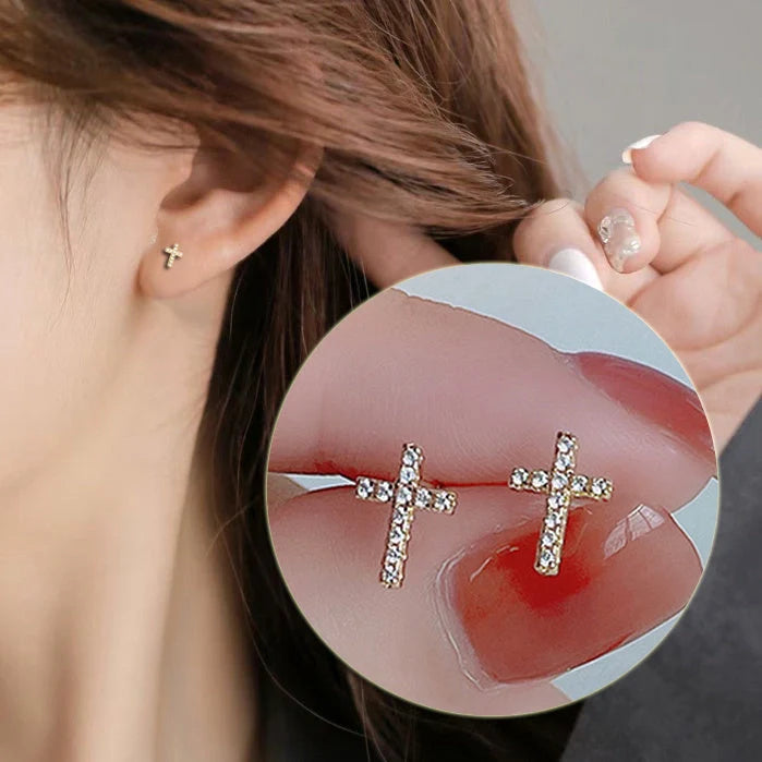 Stainless steel cross earrings with zircon inlay in white gold and gold finishes