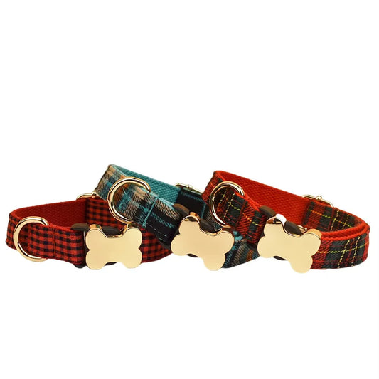 Nylon dog collar with printed grid pattern and bone-shaped buckle in black, blue, green, purple, red, or white