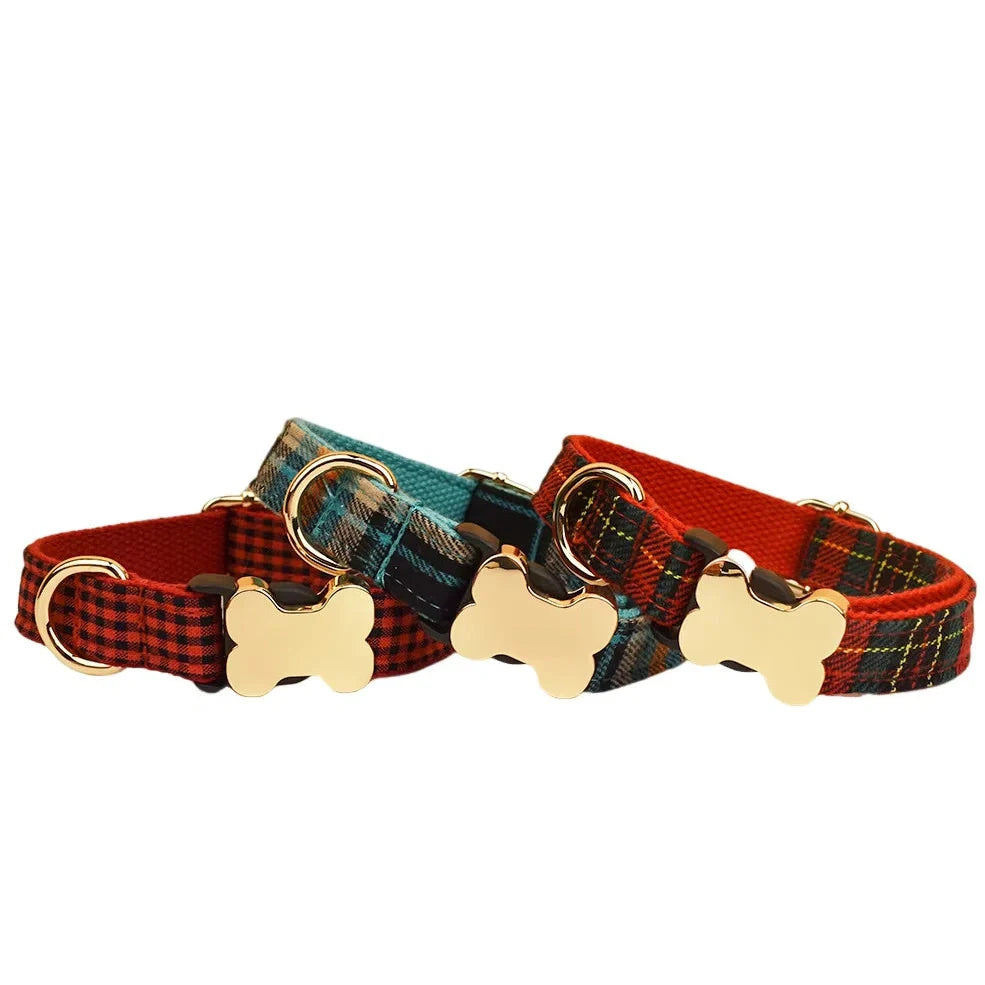 Nylon dog collar with bone buckle and printed grid pattern in adjustable sizes