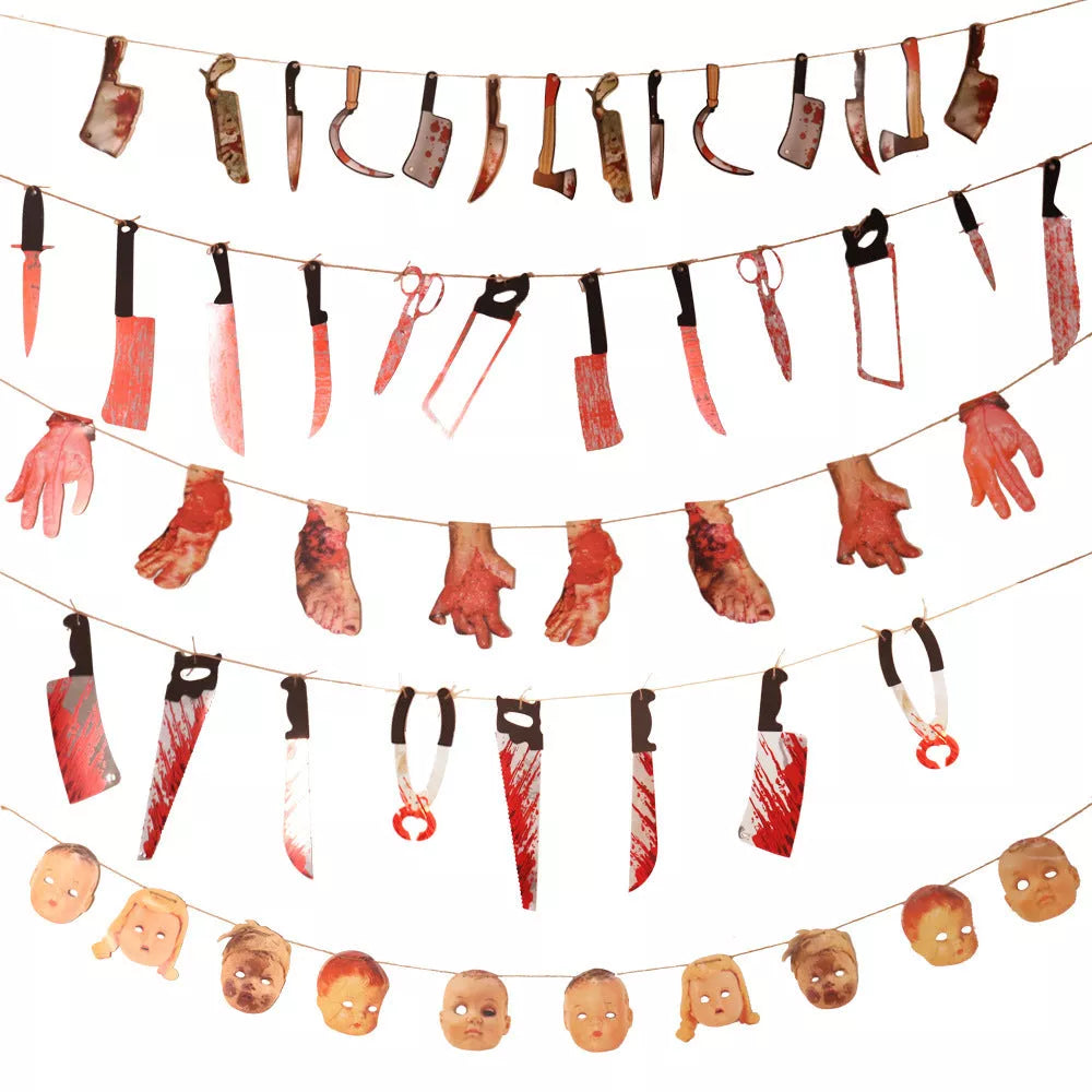 Halloween Horror Knife Flag Pulling Horror Curtain Bed Sheet with multiple horror-themed images