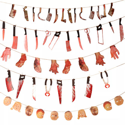 Halloween Horror Knife Flag Pulling Horror Curtain Bed Sheet with multiple horror-themed images