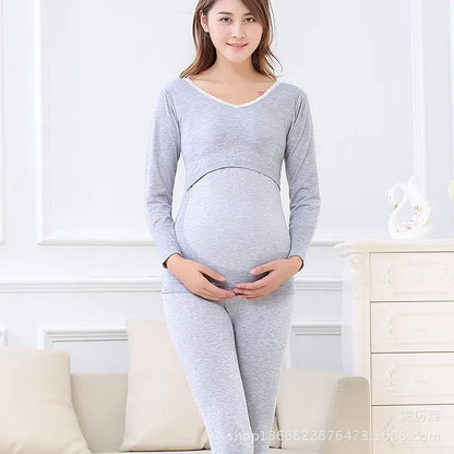 Autumn maternity nursing set: V-neck long sleeve top and long pants in natural coloured cotton blend, one size, five colours.