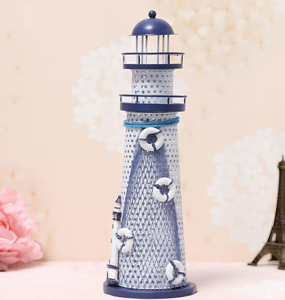 Solar-powered tin lighthouse garden statue with flashing LED light in three sizes