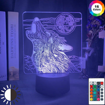 White square base LED desk lamp with colourful acrylic panel showing touch controls and remote.
