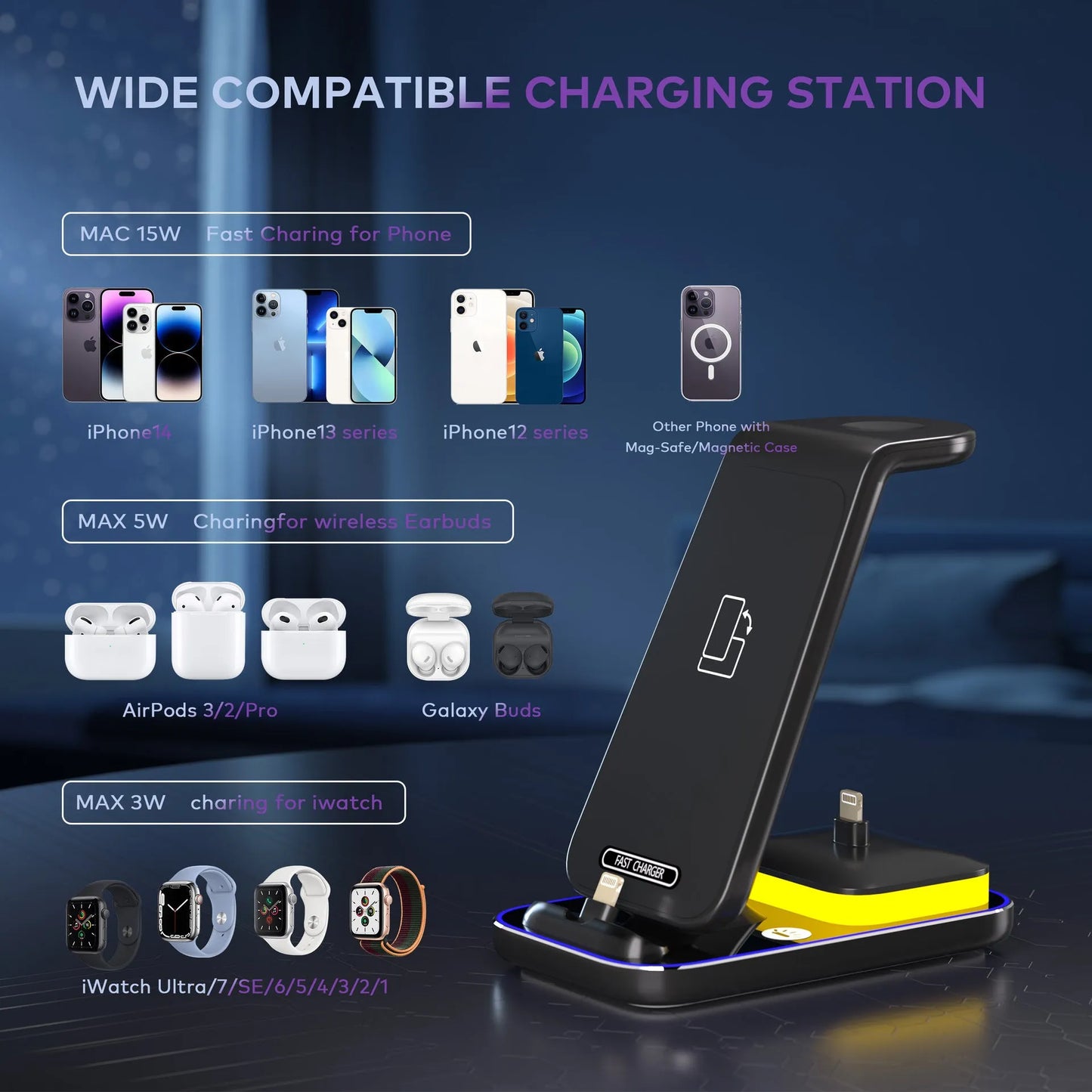 Black vertical wireless charger with phone, smartwatch and earbuds charging simultaneously