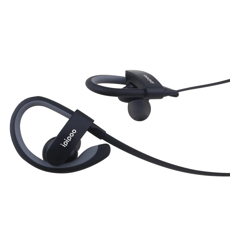 Sports running wireless Bluetooth headphones with 10 metre transmission range, stereo channel audio, battery display, and voice control for hands-free calls, available in blue, grey, red, or yellow colours with secure earplug design for active use