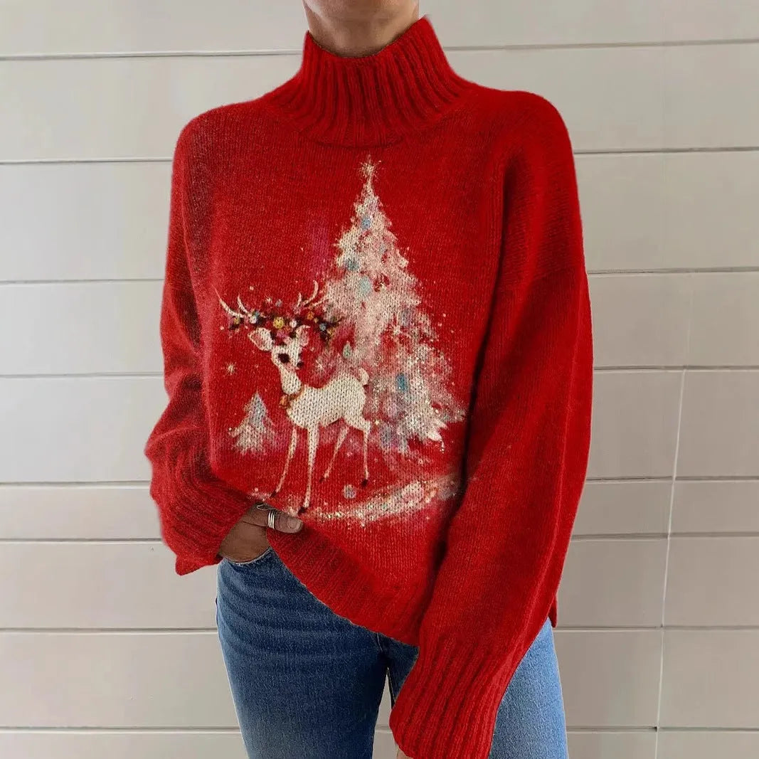 Women's Christmas printed turtleneck sweater with painting pattern and macaron colours, loose fit design