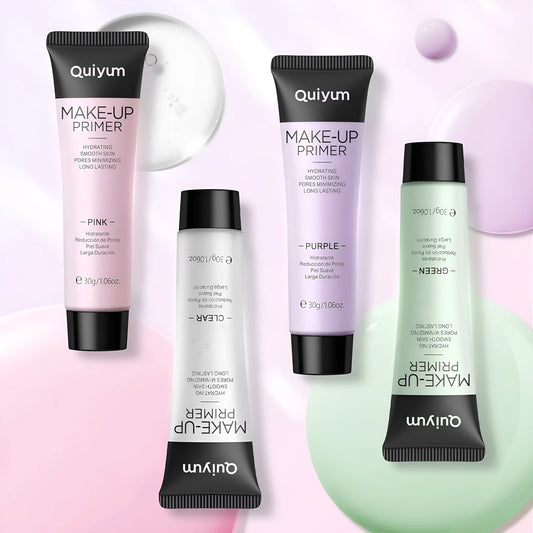 30g colour correcting makeup primer in purple, pink and green shade options with compact packaging