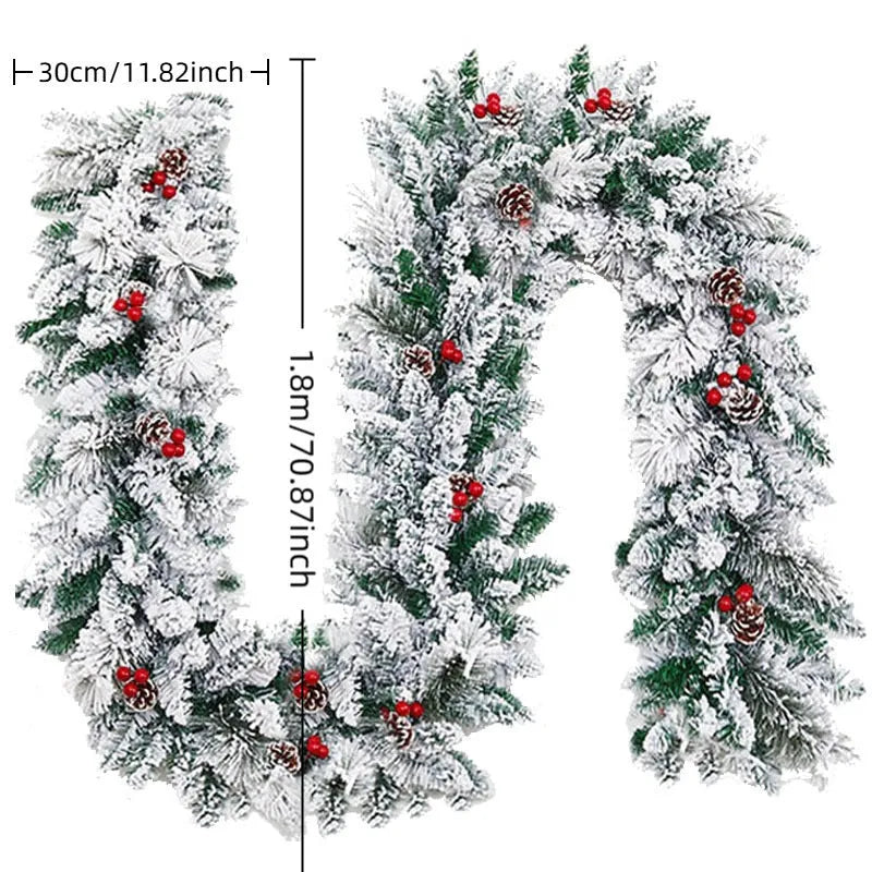 Snow-flocked rattan Christmas garland in rustic style draped on a mantle.