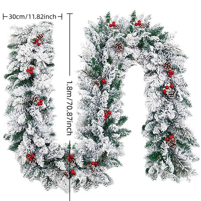 Snow-flocked rattan Christmas garland in rustic style draped on a mantle.