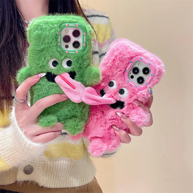 Pink and Green cartoon monster plush silicone case for Apple iPhone showing tongue-out design.