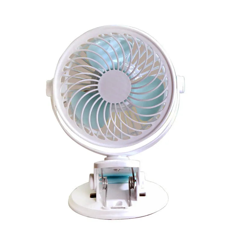 USB-powered desk fan with clip attachment, three blades, and mechanical speed control, measuring 19cm wide
