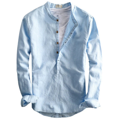 Men's casual linen shirt with long sleeves and loose fit in light gray, light blue, white, and dark blue