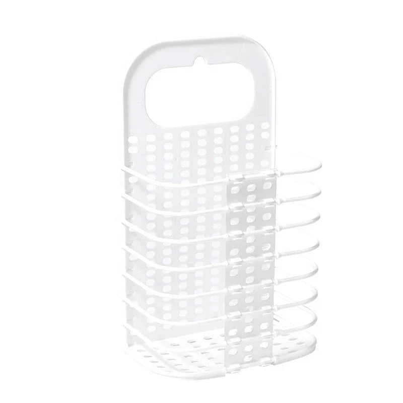 Foldable laundry basket made of sturdy polypropylene material, featuring hooks for wall-mounting and a collapsible design for compact storage.
