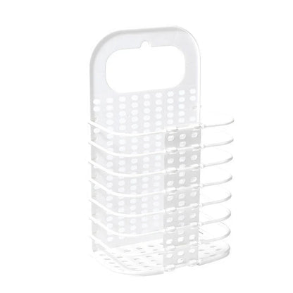 Foldable laundry basket made of sturdy polypropylene material, featuring hooks for wall-mounting and a collapsible design for compact storage.