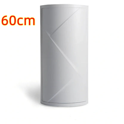 White triangle corner shelf with three tiers mounted in bathroom corner holding toiletries