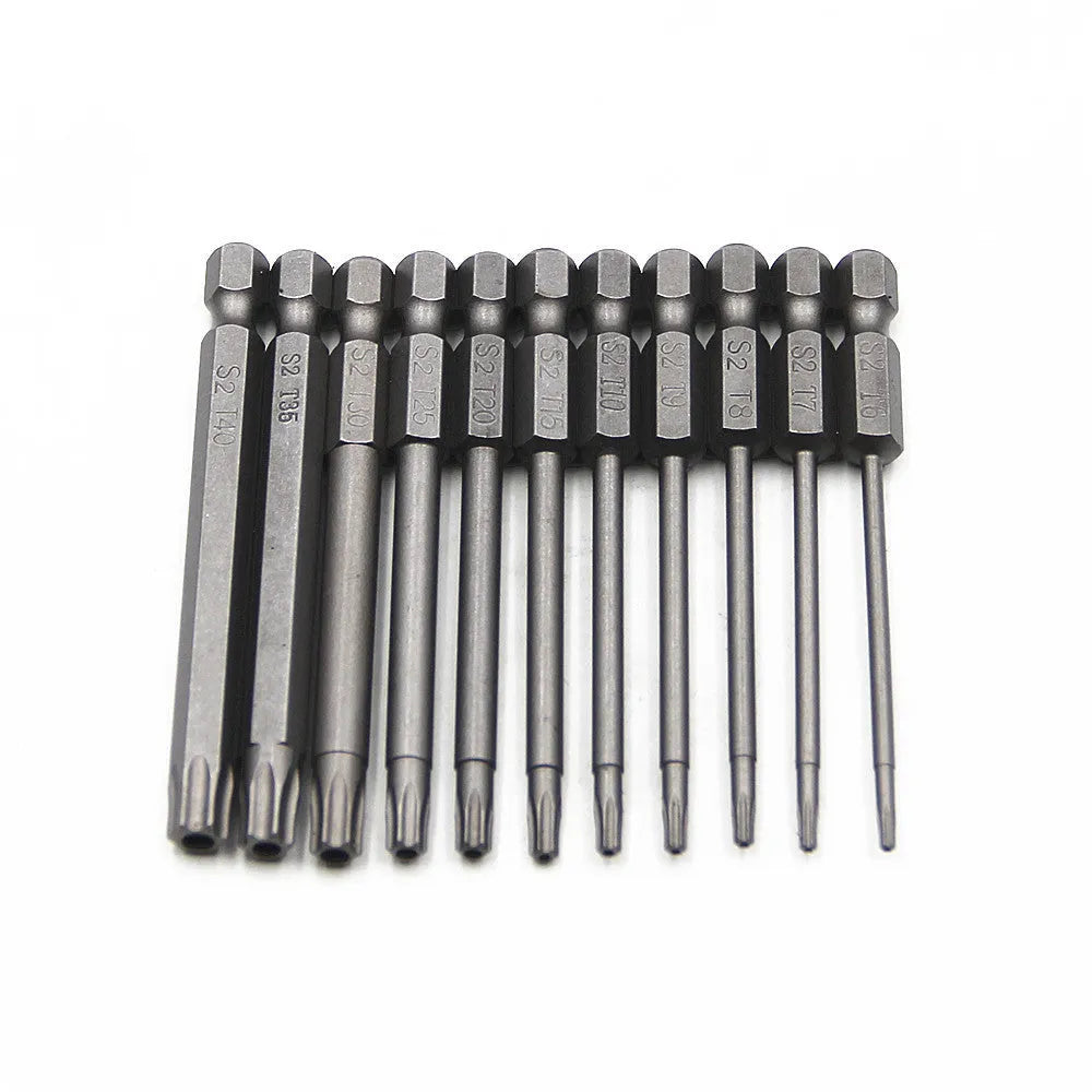 Set of alloy hexagon handle screwdrivers in 50mm, 75mm, and 100mm lengths with plum blossom hollow tips.
