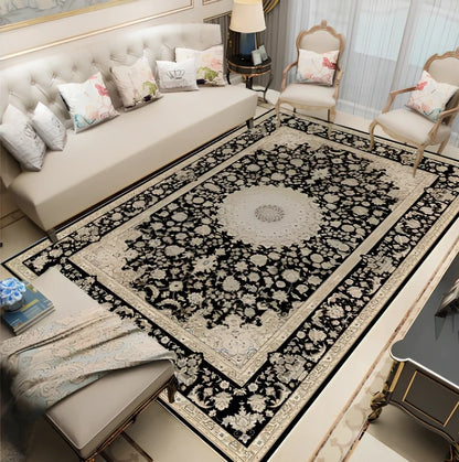 Rectangular Persian floral carpet with machine-woven polyester construction in modern design